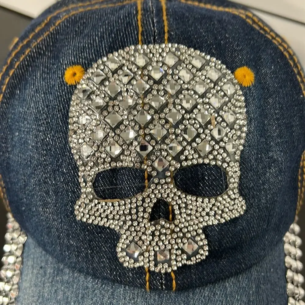 New Women's Skull Rhinestone & Blue Bling Baseball Cap Adjustable Fashion Hat